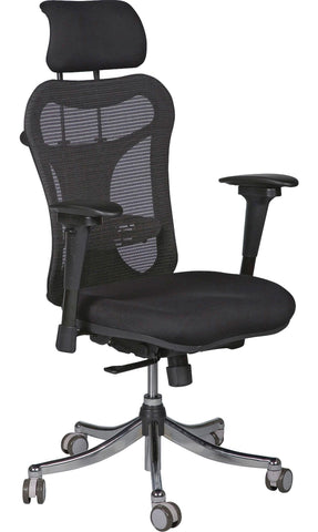 Balt 34434 Ergo mesh high-back office chair, front angle with headrest and polished base