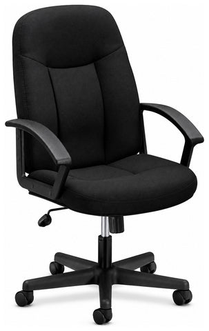 Basyx VL601 black fabric high-back executive chair, front angle with padded arms