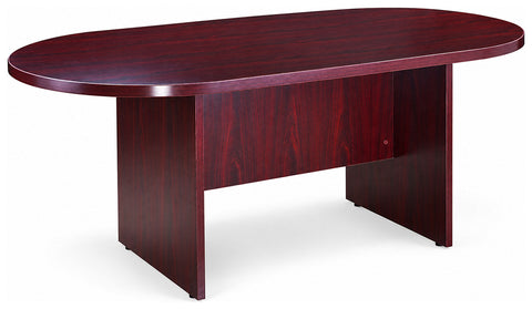 Boss Office Products N135 71-inch racetrack conference table with reddish woodgrain top and panel base, angled front view
