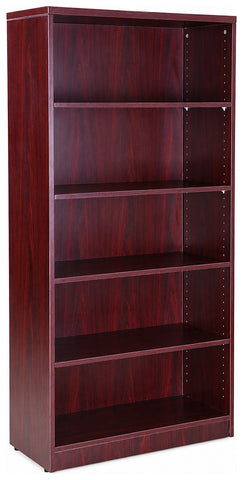 Boss Office Products N158 tall five-shelf bookcase in reddish woodgrain finish, angled front view