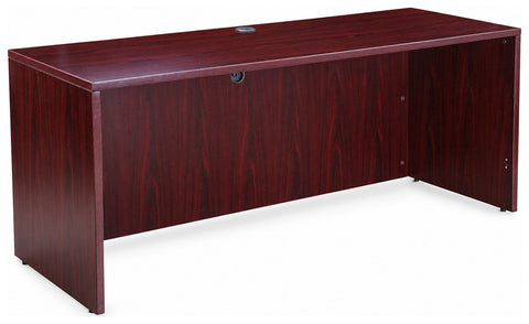 Boss Office Products N143 credenza shell with reddish woodgrain finish and cable grommet, angled front view