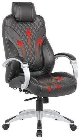 Boss Office Products R8873H-BK heated executive chair graphic with red arrows indicating heated seat and back areas