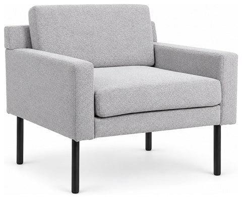 Boss Office Products BR8001-GY gray linen weave lounge chair with box arms and black legs, angled front view