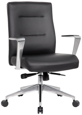 Boss Office Products B8886AL-AMBK black conference chair with aluminum arms and caster base, angled front view