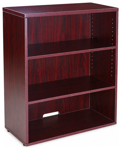 Boss Office Products N153 open hutch bookcase with reddish woodgrain finish and three storage levels, angled front view