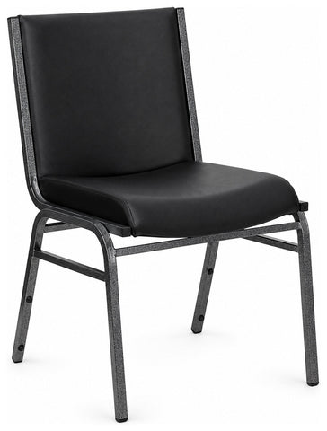 Flash Furniture XU-60153-BK-VYL-GG Hercules Petite black vinyl stacking chair, front angle with gray frame