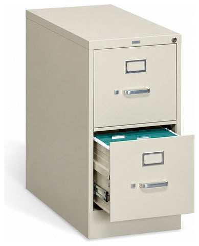 HON 312P two-drawer letter-size file cabinet in light finish, top drawer open
