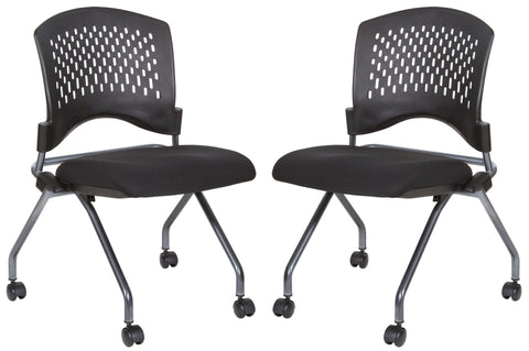Office Star 83220 two armless folding chairs with perforated backs and casters shown side by side