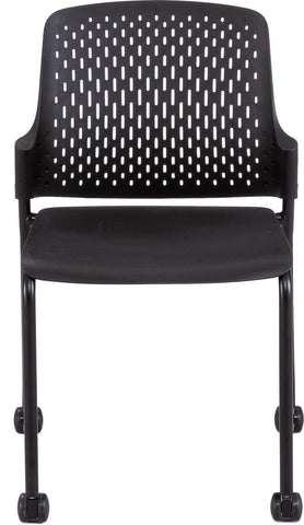 Safco 4314 black Next stacking chair with casters and perforated back, front view