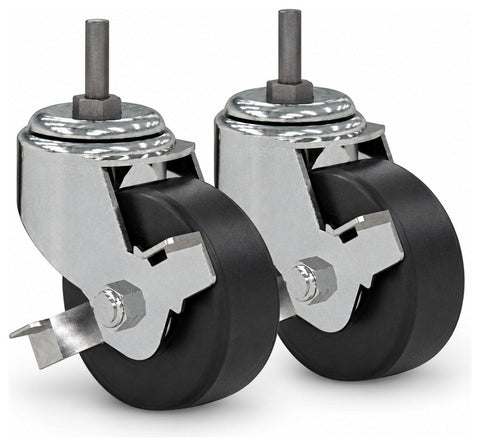 Safco TWCASKIT4 Techworks caster kit close-up showing two wheels with brake levers and mounting stems