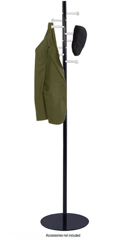 Safco 4191NC Spiral Nail Head coat rack shown with coats and a hat on its hooks