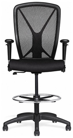 Allseating 81019 Fluid black mesh drafting chair, front view with lumbar support and foot ring