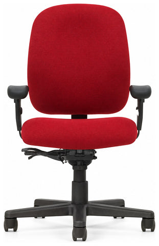 Allseating 52011 Presto red 24-hour office chair, front view with adjustable arms
