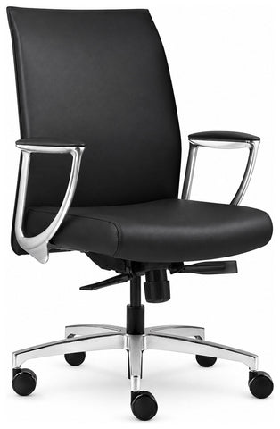 Allseating 94040 Zip black leather high-back office chair, front angled view with polished arms and base