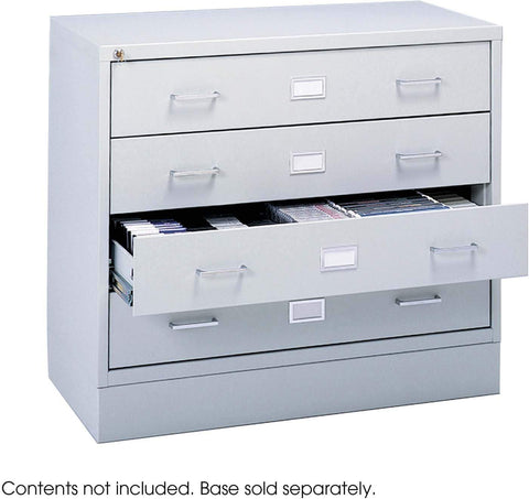 Safco 4935LG light gray audio-video microform cabinet shown with a drawer open