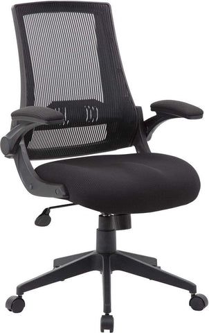 Boss Office Products B6776-BK black mesh chair with flip arms lowered and lumbar support, angled front view