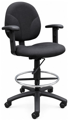 Boss Office Products B1691-BK Contoured Drafting Chair, black fabric, arms, angled front view