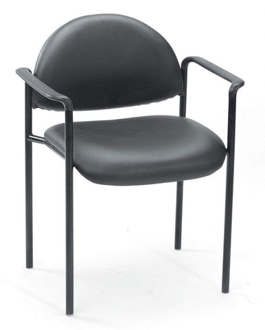 Boss Office Products B9501-CS black Caressoft stacking chair with arms and rounded back, angled front view