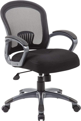 Boss Office Products B6256-BK mid back ergonomic mesh task chair with loop arms, angled front view