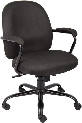 Boss Office Products B670-BK black heavy duty task chair with padded loop arms, angled front view