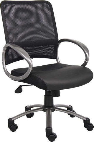 Boss Office Products B6406 mesh task chair with pewter loop arms and caster base, angled front view