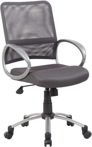 Boss Office Products B6416-CG Mesh Back with Pewter Finish Task Chair, charcoal grey, angled front view