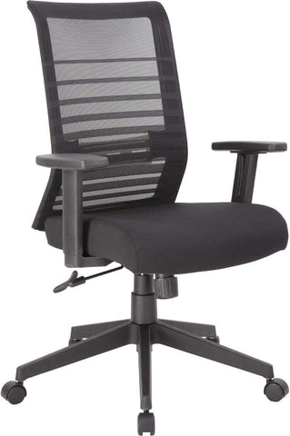 Boss Office Products B6566-BK black mesh task chair with adjustable arms, angled front view