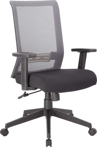Boss Office Products B6566GY-BK gray mesh task chair with adjustable arms and lumbar support, angled front view