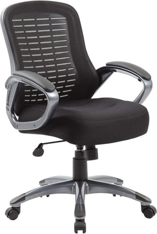 Boss Office Products B6756-BK ribbed high back mesh chair with padded loop arms and chrome base, angled front view