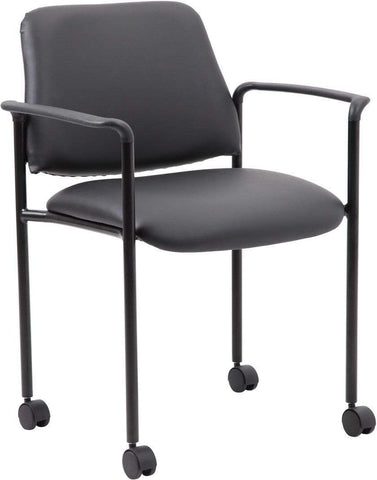 Boss Office Products B9503R-CS black square back stacking chair with arms and casters, angled front view
