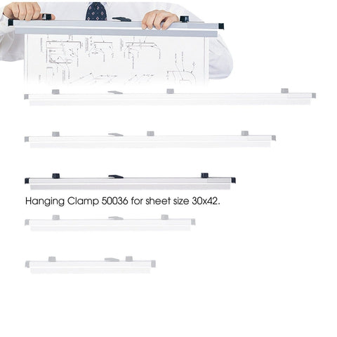 Safco 50036 30 x 42-inch hanging document clamps shown separately and holding a large drawing