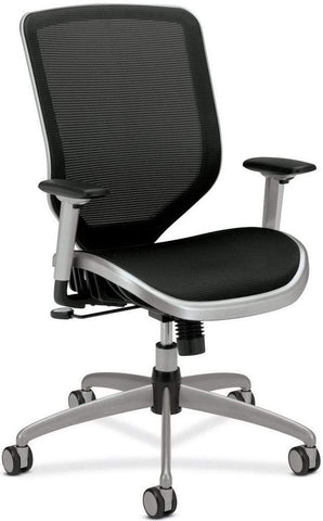 HON MH02 Boda black full-mesh office chair, front angle with silver frame and base