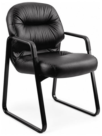 HON 2093 black leather Pillow Soft guest chair, front angle with arms and sled base