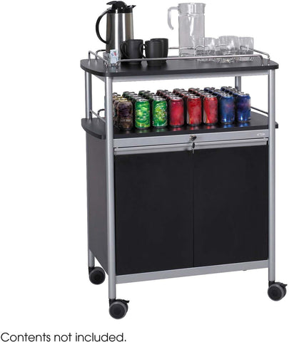 Safco 8964BL hospitality beverage cart shown with top tray, coffee supplies and cabinet door open