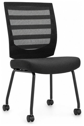 Offices To Go OTG10706 armless mesh visitor chair shown with rolling casters