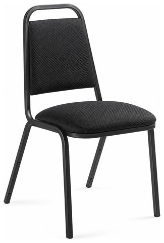 Offices To Go OTG11934 upholstered stacking chair with carry handle, angled front view