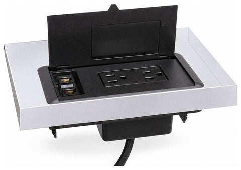 Mayline SPM conference table power module with open lid and recessed outlets