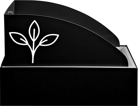 Safco 9449BL black Mixx topper lid shown on a bin with leaf recycling symbol