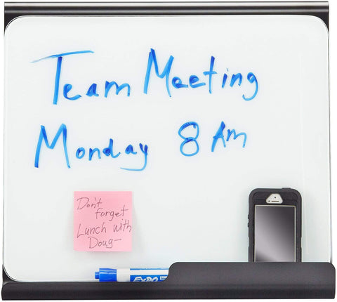 Safco 3220 Wave desktop whiteboard with handwritten meeting reminder and accessory tray