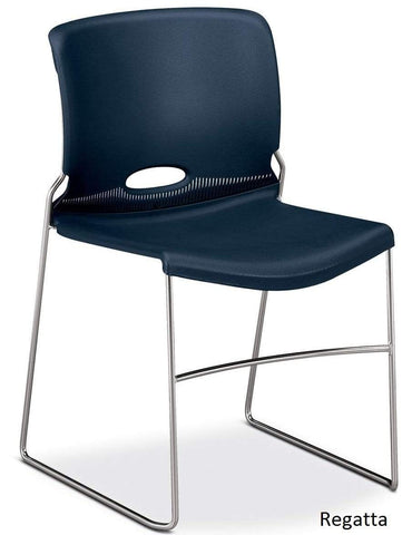 HON 4041 Olson blue stackable guest chair, front angle with silver sled base