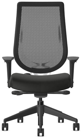 Black office chair with mesh back on a white background