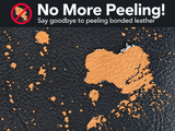 Harwick 960L leather comparison graphic showing peeling bonded leather and the words No More Peeling