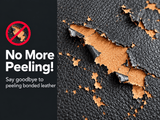 Harwick 820L leather comparison graphic showing peeling bonded leather and the words No More Peeling