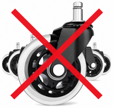 Harwick HF-CASTER compatibility warning graphic showing rollerblade-style casters crossed out in red