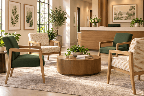 Office Star WD580 Wood Reception Chair with Memory Foam Seat - Medium Oak Finish, shown in a furnished room